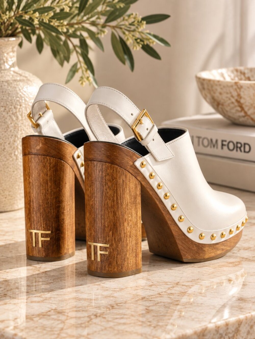 TOM FORD White Leather Studded Platform Clogs Wood Heel EU 39.5